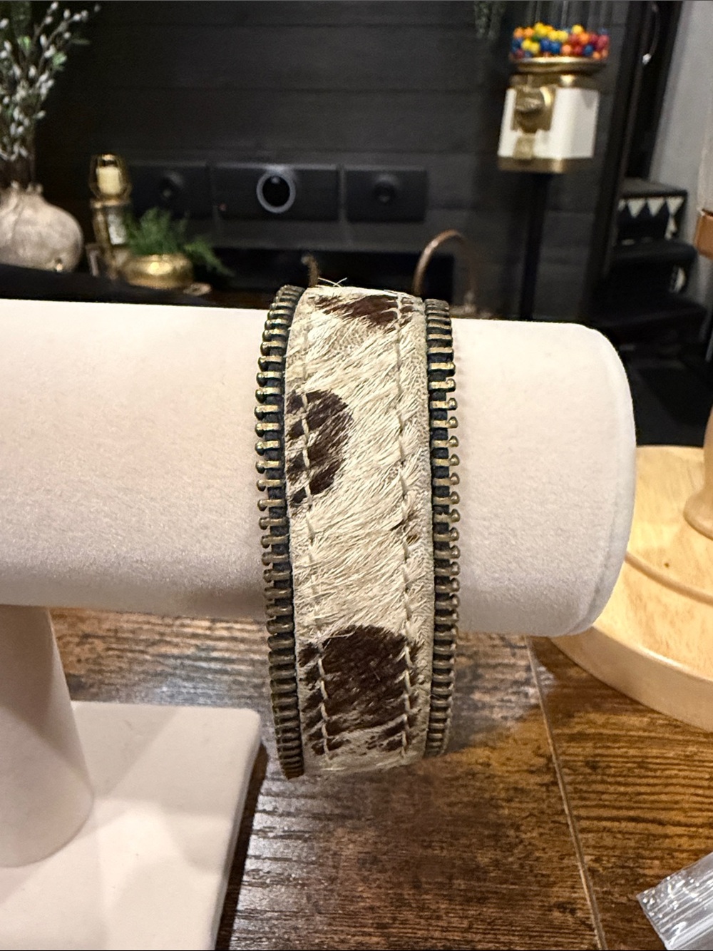 Cowhide Hair-On Leather Bracelet with Zipper Trim